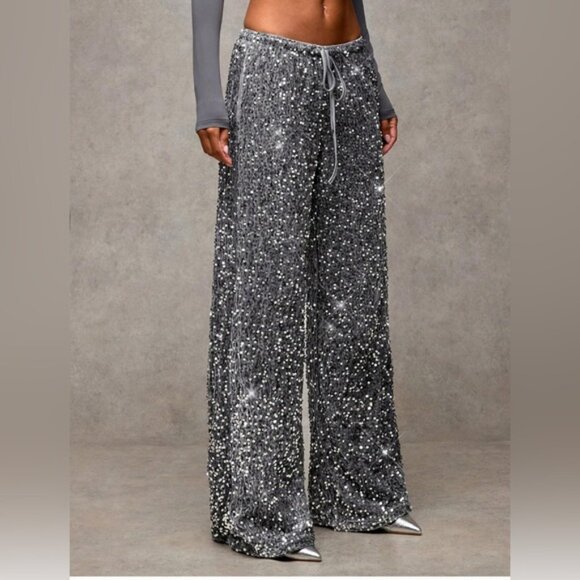 Silver Sequin Drawstring Wide Leg Pants - Picture 3 of 8